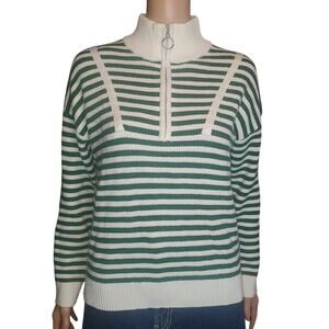 Forest Green Cream Size S Striped Half-Zip Sweater Rib Knit Preppy Collegecore
